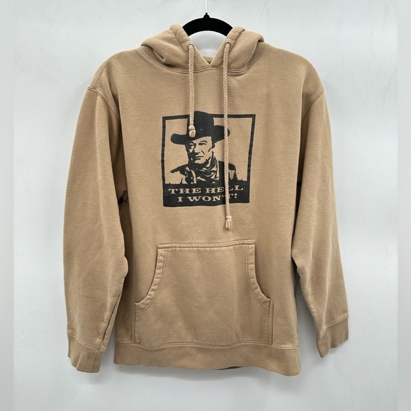 JOHN WAYNE “The hell I won’t” tan western casual cowboy cozy hood sweatshirt S - Picture 1 of 14